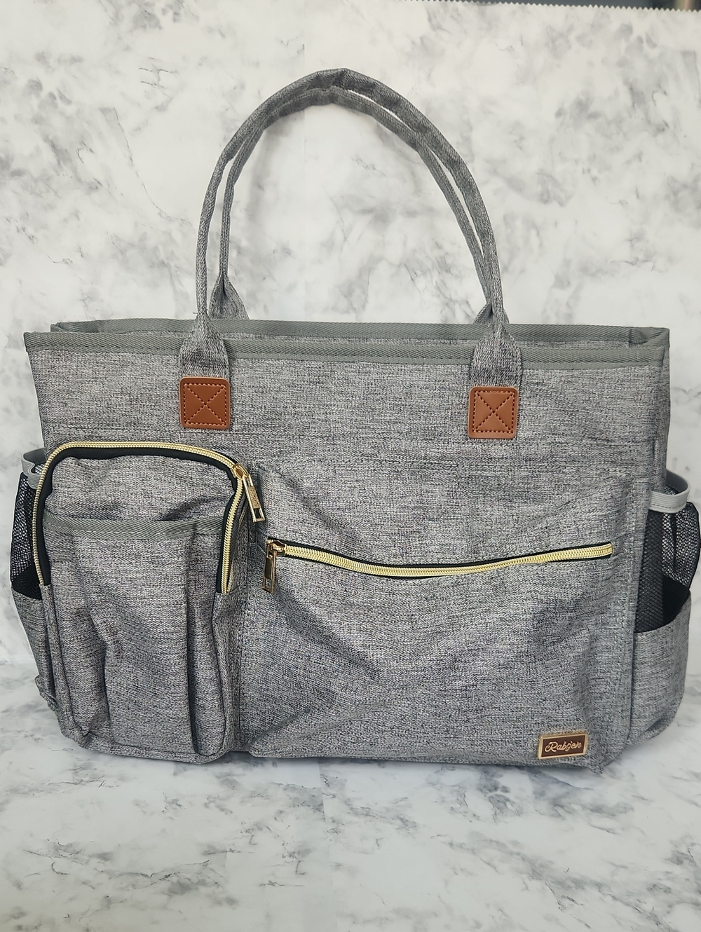 Gray Tote Bag with Front Pockets And Laptop Pocket